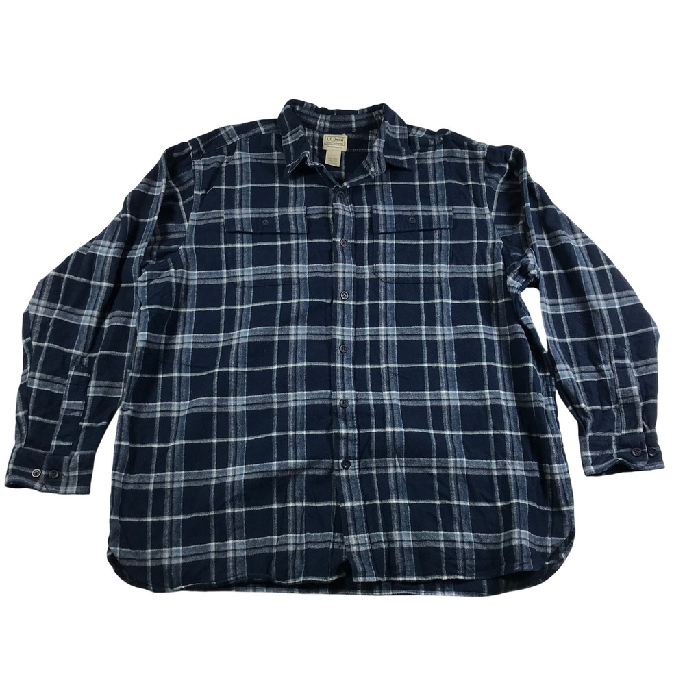 LL Bean Men XXL Traditional Fit Flannel Shirt Navy Blue Plaid 100% Cotton 277981